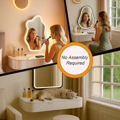 Escritorio de maquillaje flotante totalmente montado con cajones, moderno tocador montado en la pared con esquinas redondeadas, tocador de noche que ahorra espacio para dormitorio y hogar, fácil