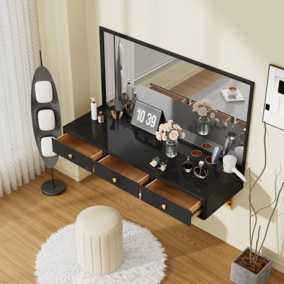 Merax Escritorio de tocador de maquillaje de 47 pulgadas con 3 cajones para organización de joyas de maquillaje, estante multiusos montado en la pared para dormitorio, baño, peluquería, oso 100 libras