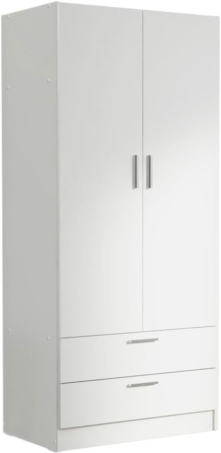 Madesa Armario de almacenamiento de 2 puertas y 2 cajones con estante y espacio para colgar, 31 pulgadas de largo, armario de madera para dormitorio y oficina (blanco)