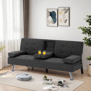 Sofá cama futón Gewnee, moderno sofá cama de poliéster, convertible, plegable, reclinable, mueble de sala de estar con 2 portavasos para habitación de invitados.