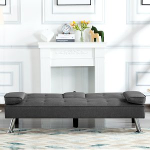 Sofá cama futón Gewnee, moderno sofá cama de poliéster, convertible, plegable, reclinable, mueble de sala de estar con 2 portavasos para habitación de invitados.