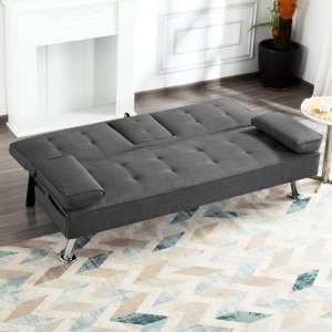 Sofá cama futón Gewnee, moderno sofá cama de poliéster, convertible, plegable, reclinable, mueble de sala de estar con 2 portavasos para habitación de invitados.