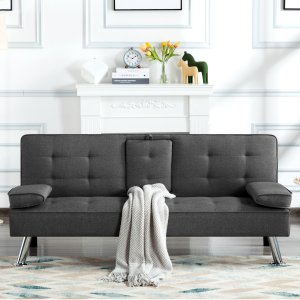 Sofá cama futón Gewnee, moderno sofá cama de poliéster, convertible, plegable, reclinable, mueble de sala de estar con 2 portavasos para habitación de invitados.