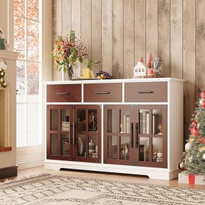 Aparador Amplio de madera color nogal. 55" más luces leds y cristales.