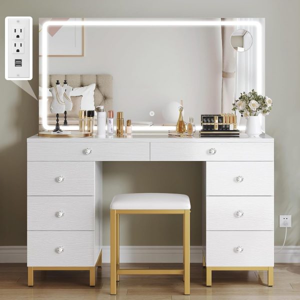VANITY con espejo LED ancho, toma de corriente y lupa, 8 gavetas, 3 colores de iluminacion