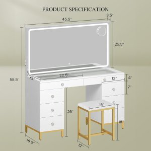 VANITY con espejo LED ancho, toma de corriente y lupa, 8 gavetas, 3 colores de iluminacion