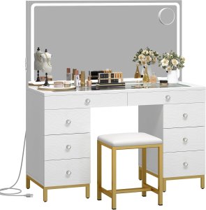 VANITY con espejo LED ancho, toma de corriente y lupa, 8 gavetas, 3 colores de iluminacion