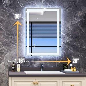 Bathroom LED Mirror 28"x 36", Front Lit and Backlit Bathroom Mirror with Lights,Stepless Dimmable,Anti-Fog, Shatter-Proof, Memory, 3 Colors Smart Mirror Bathroom (Horizontal/Vertical)