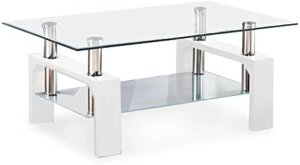 Mesa de centro rectangular de vidrio, mesa de centro lateral moderna blanca con estante inferior, patas de metal