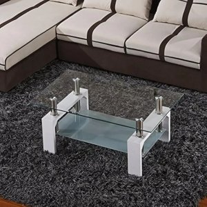 Mesa de centro rectangular de vidrio, mesa de centro lateral moderna blanca con estante inferior, patas de metal