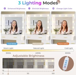 Vanity - Escritorio de tocador grande de 48,8 pulgadas con espejo iluminado y toma de corriente.