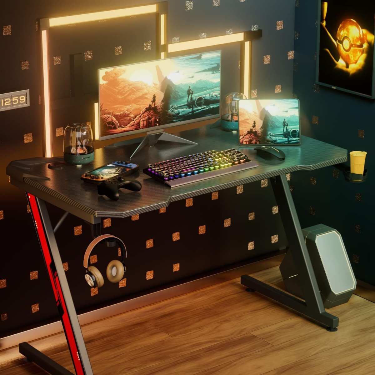 Mesa de Gamerz en forma de Z, superficie de fibra de carbono y gancho para auriculares (44 pulgadas, negro)