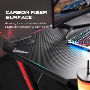 Mesa de Gamerz en forma de Z, superficie de fibra de carbono y gancho para auriculares (44 pulgadas, negro)