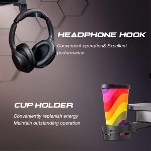 Mesa de Gamerz en forma de Z, superficie de fibra de carbono y gancho para auriculares (44 pulgadas, negro)