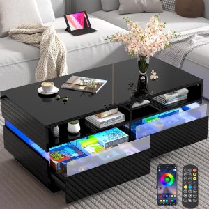 Moderna mesa de centro LED con 2 grandes cajones de almacenamiento, mesa auxiliar negra de 2 niveles de alto brillo con 60000 luces LED de color, control de aplicación, mesa central Negro de alto brillo