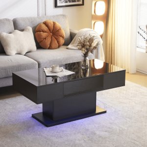 Mesa de centro LED con 1 cajón, mesa de cóctel de alto brillo, muebles decorativos para sala de estar, 43,3 pulgadas, negro