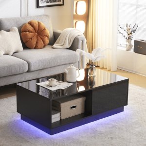 Mesa de centro LED con 1 cajón, mesa de cóctel de alto brillo, muebles decorativos para sala de estar, 43,3 pulgadas, negro