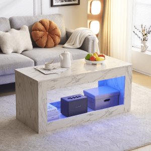 Mesa de centro LED con 1 cajón, mesa de cóctel de alto brillo, muebles decorativos para sala de estar, 43,3 pulgadas, negro