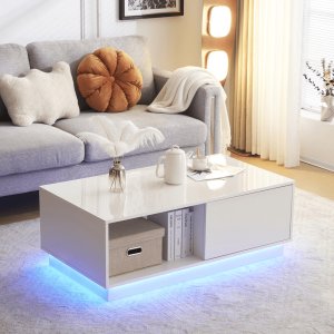 Mesa de centro LED con 1 cajón, mesa de cóctel de alto brillo, muebles decorativos para sala de estar, 43,3 pulgadas, negro