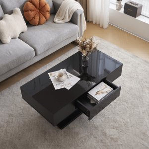 Mesa de centro LED con 1 cajón, mesa de cóctel de alto brillo, muebles decorativos para sala de estar, 43,3 pulgadas, negro