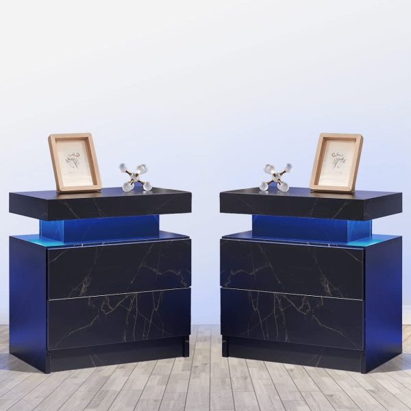 Juego de mesita de noche con 2 LED y 2 cajones, mesita de noche con cajones para dormitorio, mesa auxiliar con luz LED