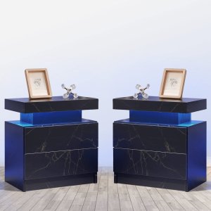 Juego de mesita de noche con 2 LED y 2 cajones, mesita de noche con cajones para dormitorio, mesa auxiliar con luz LED