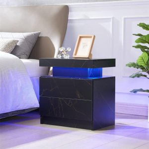 Juego de mesita de noche con 2 LED y 2 cajones, mesita de noche con cajones para dormitorio, mesa auxiliar con luz LED
