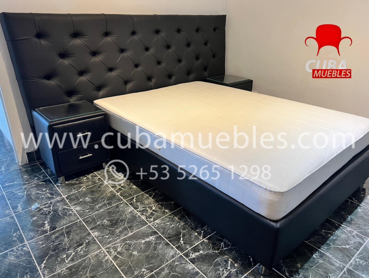 Cama Tapizada Full - flexy vinil negro