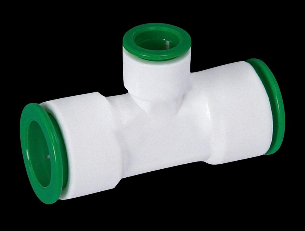 TEE PLÁSTICA REDUCIDA DE 1" X 1/2" DE DIÁMETROS CON CONECTOR RÁPIDO EN TODOS SUS EXTREMOS