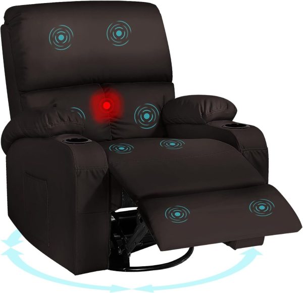 Silla Reclinable Mecedora con Masaje por Vibración y Calor, Giratoria 360°, Color Marrón