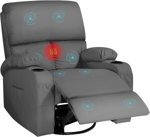 Silla Reclinable Mecedora con Masaje por Vibración y Calor, Giratoria 360°, Color Marrón